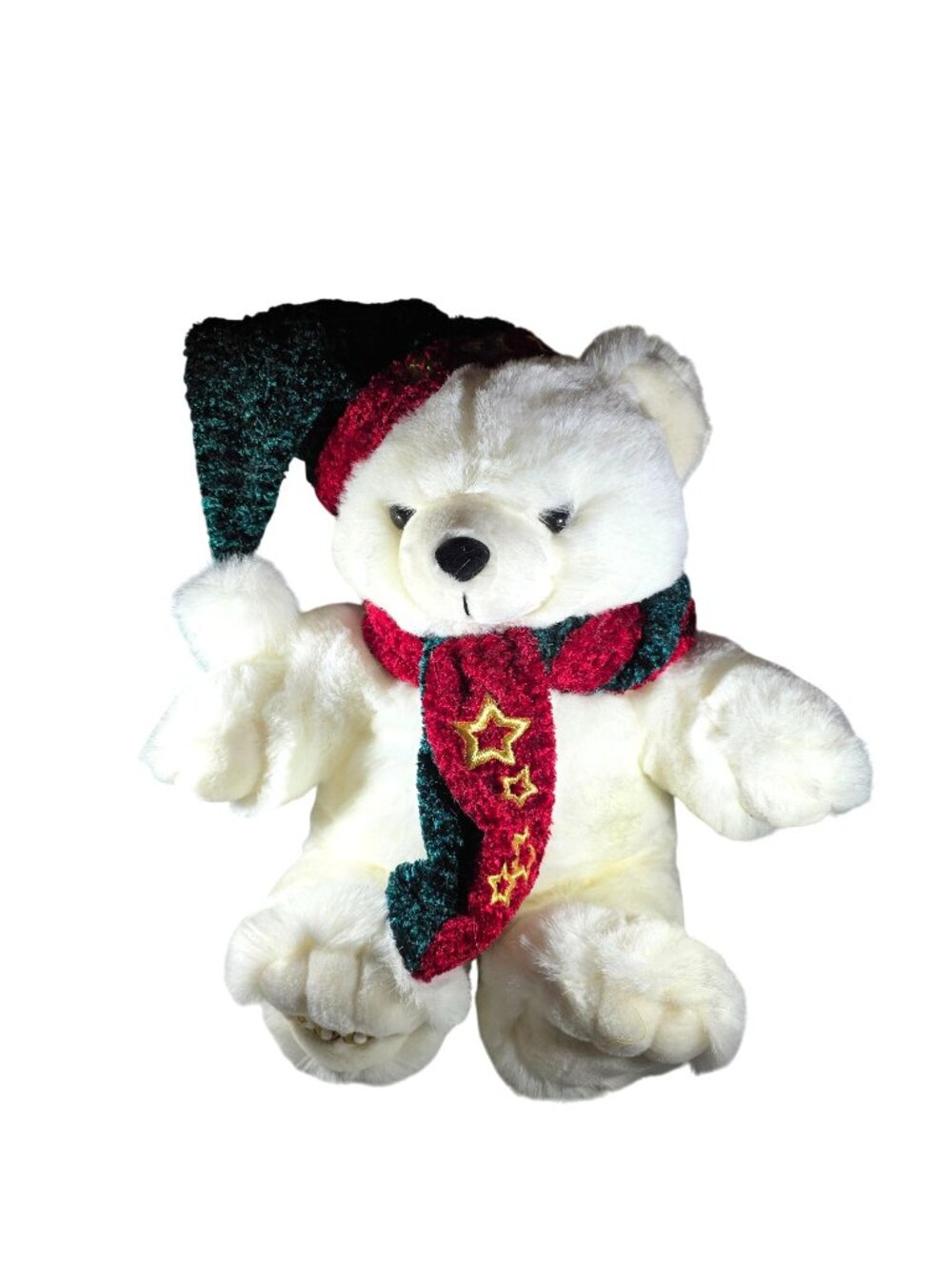 Vtg Holiday Teddy Bear White 2001 Green Red Hat Scarf Stuffed Plush Toy kmart